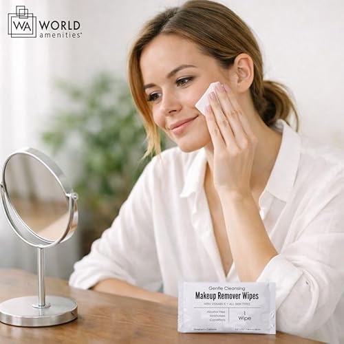 World Amenities - Makeup Remover Wipes - Alcohol Free - Vitamin E Face Wipes for Sensitive Skin Comfort - Individually Wrapped - Travel Friendly Facial Cleansing Wipes - 500 Count