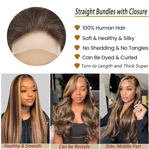 P4/27 Highlight Brown Blonde Human Hair Bundles with 4x4 Lace Closure - Ombre 3 Bundles 12 14 16 + 12 Inch Free Highlight
