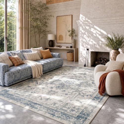 Washable 6x9 Boho Vintage Area Rug - Light Blue & Grey, Non-Slip, Low-Pile
