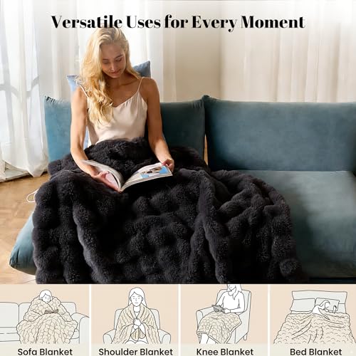Black Twin Electric Heated Blanket 62x84 Faux Rabbit Fur Comforter
