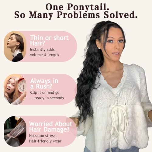 30-Inch Curly Ponytail Extension with Claw Clip - Natural Look, Black and Red