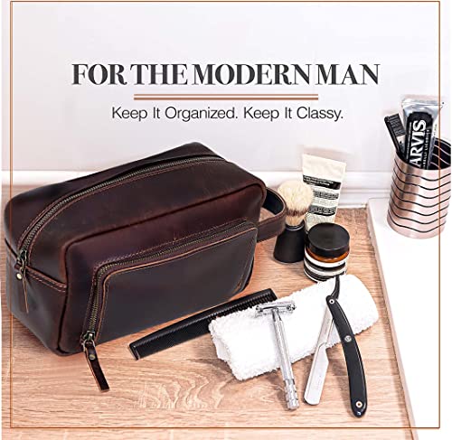 Leather Men's Toiletry Bag Dopp Kit Travel Organizer - Dark Chocolate Brown