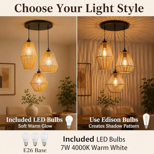 3-Light Rattan Pendant Light - Hand Woven Boho Chandelier, Adjustable Wicker Fixture - A Style