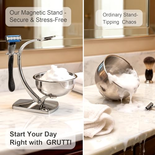 Shaving Bowl and Stand Set with Magnetic Base - 304 Steel & Chrome