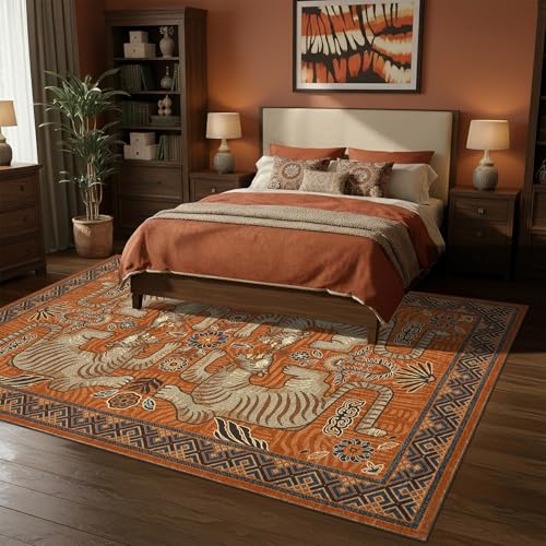 Terracotta Tiger Boho Washable Area Rug 6x9 ft Non-Slip Vintage Living Room