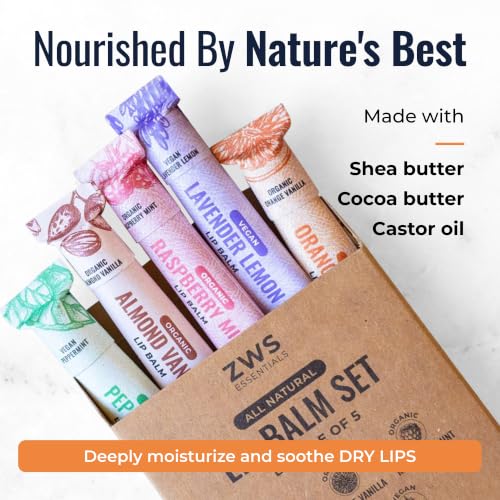 Natural Lip Balm Set - Organic Vegan Flavors with Shea & Cocoa Butter