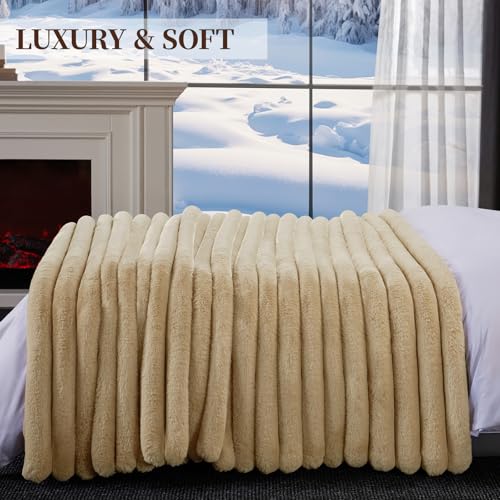 HaloRest Faux Fur Throw Blanket Beige 80x90 Inches - Thick, Plush, Double-Sided Warm Blanket