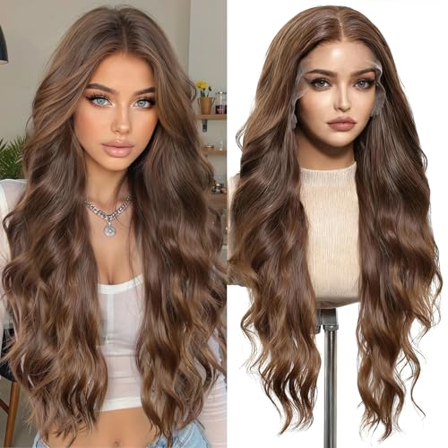 Long Wavy Lace Front Wig 28 Inch Caramel Brown Highlighted Synthetic Hair