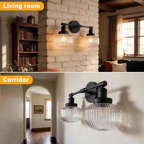 Black Round 2-Light Bathroom Vanity Light Fixture with Ribbed Glass Shades - Vintage Industrial Style