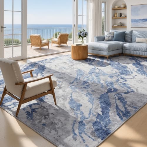 Blue Grey Coastal Area Rug 8x10 Modern Abstract Ocean Pattern for Living Room - Light Blue