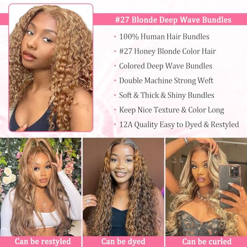 Blonde Deep Wave Human Hair Bundles - 20 Inch Honey Blonde Curly Hair for Black Women