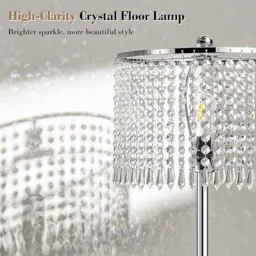 Dimmable Crystal Floor Lamp with Chrome-Clear Shade, LED Bulb Included, Tall Silver Standing Lamp for Living Room Bedroom Office