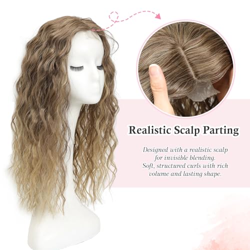 20 Inch Ash Brown to Blonde Ombre Curly Hair Topper - Clip-In Volume Extension