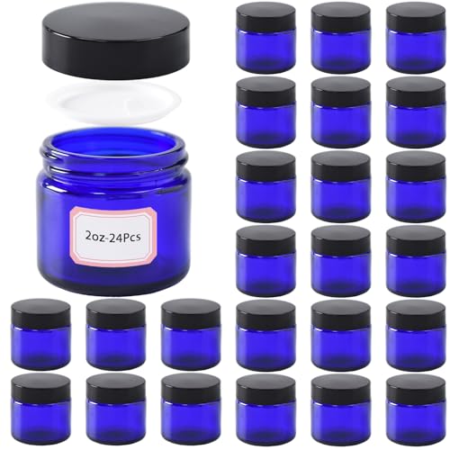 2 oz Blue Glass Jars with Lids - 24 Pack Small Cosmetic & Travel Containers