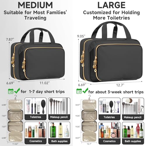 Travel Toiletry Bag for Women - Waterproof Hanging Organizer, Medium Black