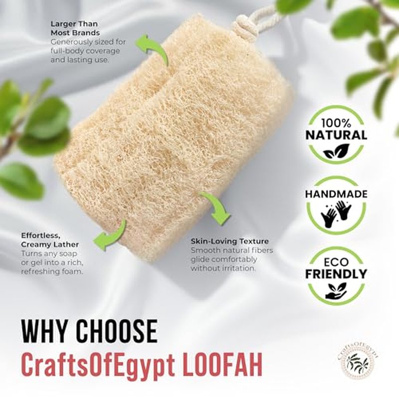 CraftsOfEgypt Luffa Body Scrubber ? Plant-based Egyptian loofah shower sponge for men and women, luxury bath loofah sponge for face, back & body, gentle body scrubber, spa loofah pack of 3, 6x6 Inches