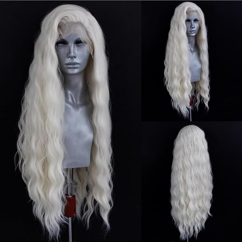 ELESTY CR6000 Long Wavy White Blonde Lace Front Wig - 24in, Free Part, Glueless, Heat-Resistant