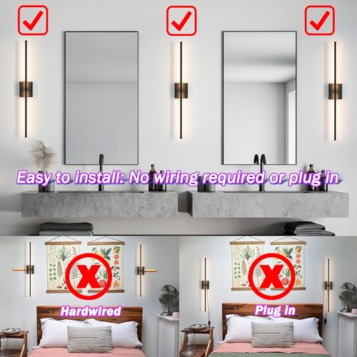 Black Wireless Wall Sconce Set of 2 with 10000mAh Battery & Remote - RGB Color, Dimmable, 70H Runtime