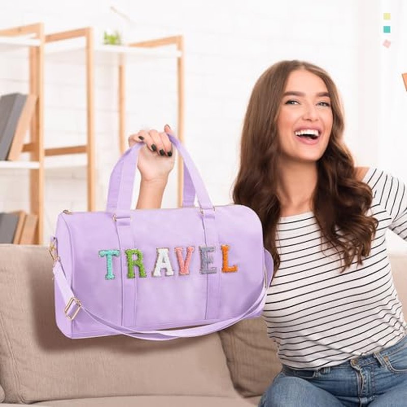 2 Pcs Travel Preppy Duffle Bag and Chenille Letter Makeup Pouch Cosmetic Zipper Patch Weekender Carry on Tote Bag for Women(Light Purple)