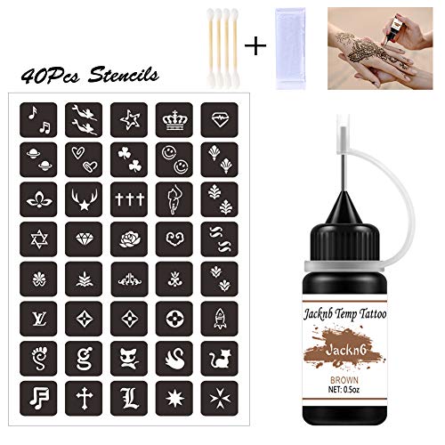 Temporary Tattoo Kit Freehand Ink Semi Permanent Tattoo Jagua Gel 40 Pcs Free Tattoo Stencils DIY Tattoos Fake Freckles Temp Tattoos for Women Kids Men - Full Kit 4 Bottles