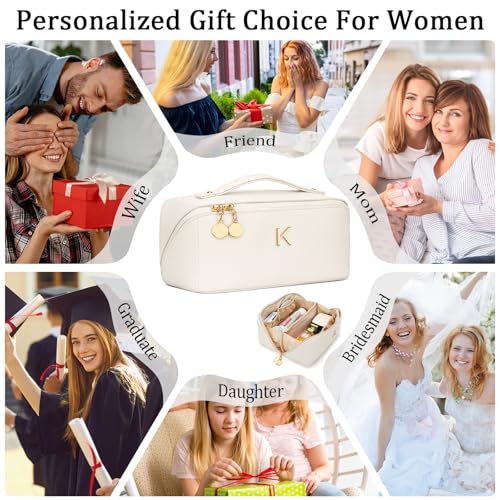 Gifts for Women Bridesmaid Gifts Personalized Initial Makeup Bag PU Leather Cosmetic Waterproof Travel Toiletry Bag (Medium)