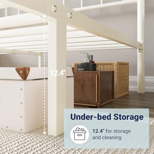 Twin Size Metal Platform Bed Frame with Headboard - Cream, Victorian Style