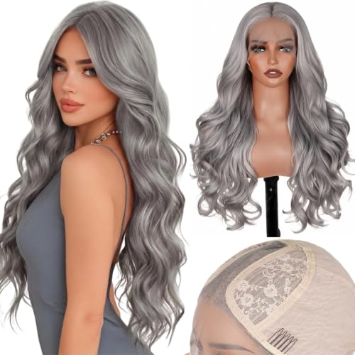 Grey 26 Inch Long Wavy Synthetic Lace Front Wig for Women - Natural Look, Pre-Plucked, Glueless, HD T-Part