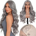 Grey 26 Inch Long Wavy Synthetic Lace Front Wig for Women - Natural Look, Pre-Plucked, Glueless, HD T-Part