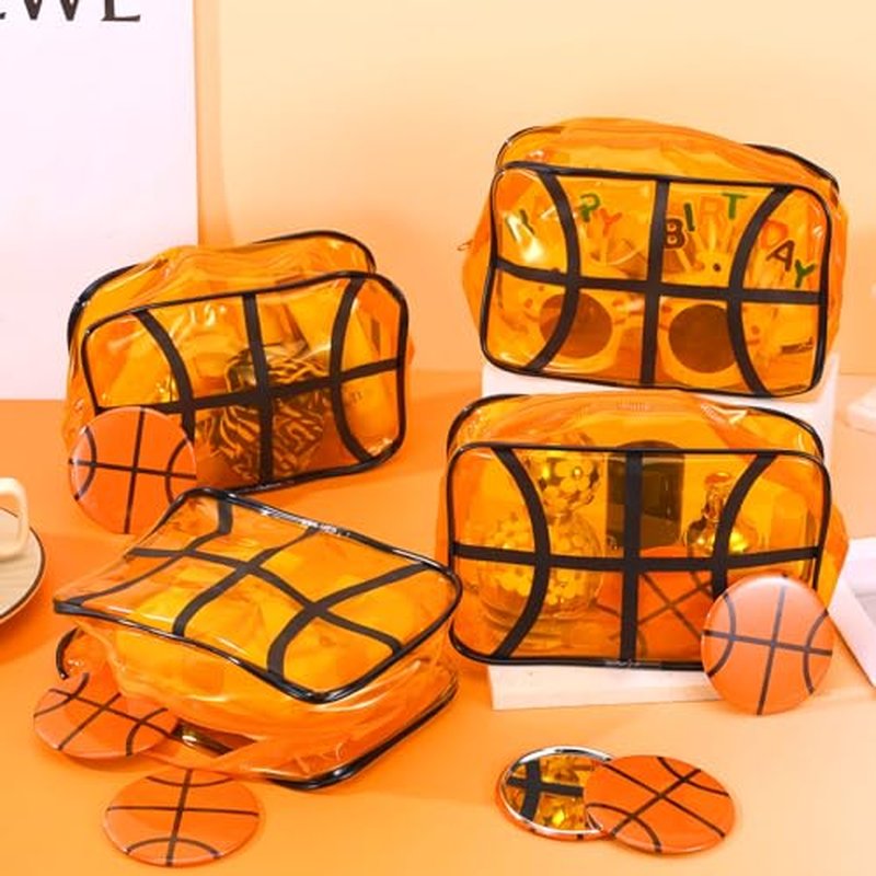 24 Pcs Basketball Gifts for Teen Girls 12 Basketball Makeup Bags with 12 Round Makeup Pocket Mirror, 7 x 4.7 x 2.4'' Cosmetic Bag Sport Gifts for Women Players Fans