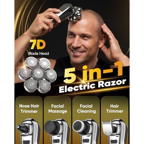 Head Shaver for Bald Men, 7D Floating Bald Head Shaver 5-in-1 Grooming Kit, Wet/Dry Electric Razor with LED Display, Turbo Speed, Magnetic Detachable Blades, IPX6 Waterproof, Type-C Rechargeable