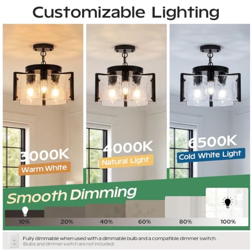 Black 14-Inch 2-in-1 Convertible Pendant & Flush Mount Chandelier - Modern Farmhouse Lighting Fixture for Dining Room, Kitchen, Entryway