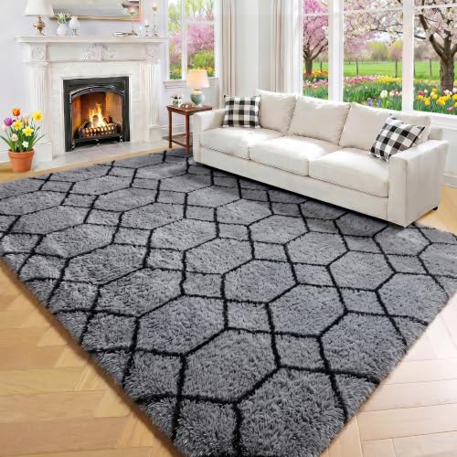 ONASAR 6x9 Grey and Black Geometric Area Rug - Ultra Soft Fluffy Modern Home Decor