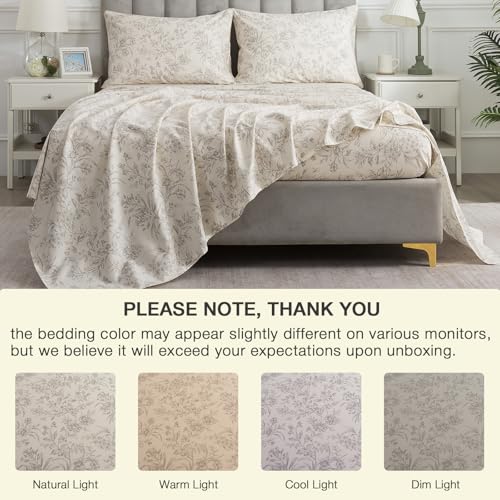 Light Beige Floral Percale Bed Sheets King Size 4-Piece Deep Pocket Set