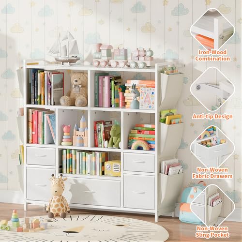 Kids Toy Storage Organizer with Drawers and Side Pockets - White