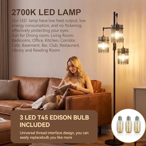66 Inch Tall Black Dimmable Farmhouse Floor Lamp with Crystal Accents