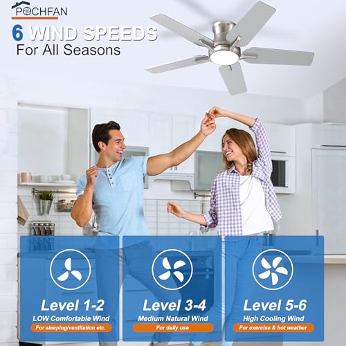 42 Inch Ceiling Fan with Lights and Remote, Reversible Flush Mount Low Profile Fan - Brushed Nickel