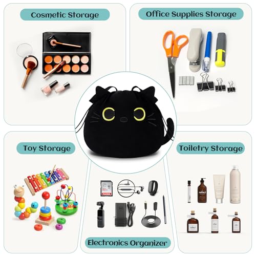 Funny Cat Drawstring Makeup Bag - Large Capacity Cute Travel Toiletry Bag Cosmetic Bag Pouch Organizer - Valentines Day Mothers Easter Birthday Unique Gifts for Women Girls Cat Lovers-Black