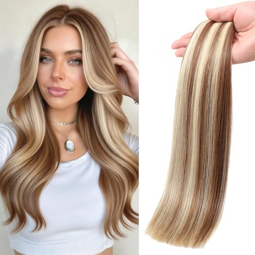 Poetically 16 Inch Brown Highlighted Golden Blonde Butterfly Weft Hair Extensions - 100g Human Hair