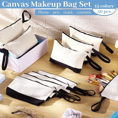 Silkfly 30 Pcs Canvas Makeup Bags Bulk Zipper DIY Black Beige