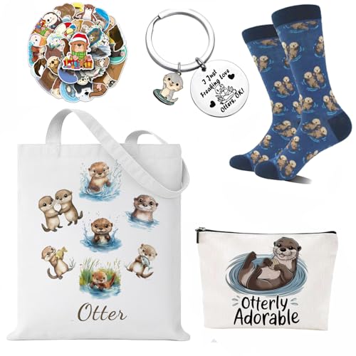 Otter Gifts for Women ? Otter Lover Gift Set with Large Otter Tote Bag, Makeup Bag, 50 Waterproof Otter Stickers & Cute Otter Keychain ? Birthday, Christmas, Friendship Gifts for Otter Lovers