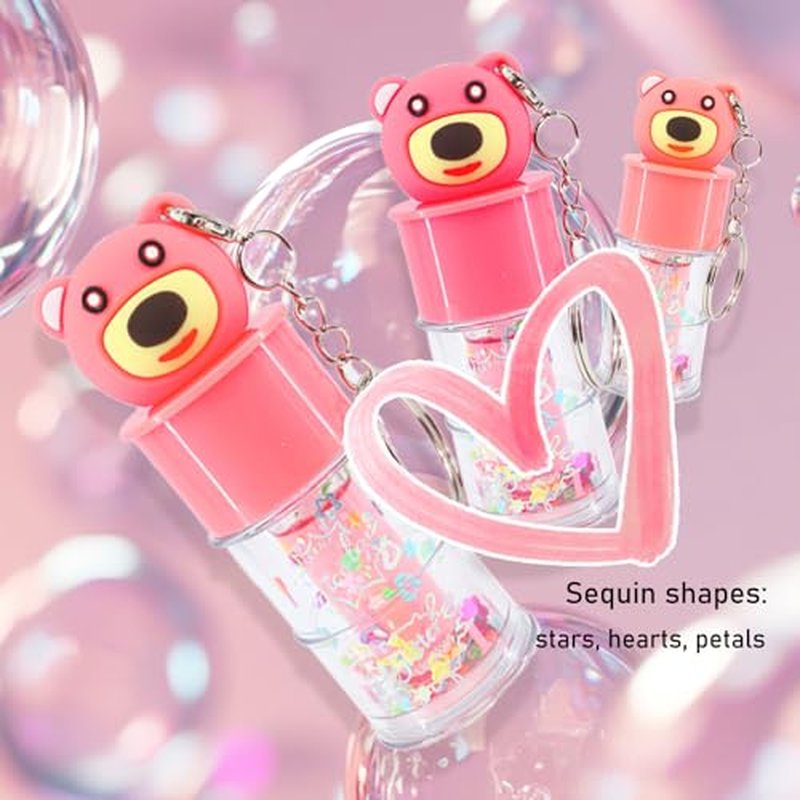 6 Pcs Hydrating Lip Gloss Set, Shimmer Glossy Moisturizing Lip Jelly Sequins and Sparkles Lip Make-Up for Women Party Gift Cute Bear Keychain Design