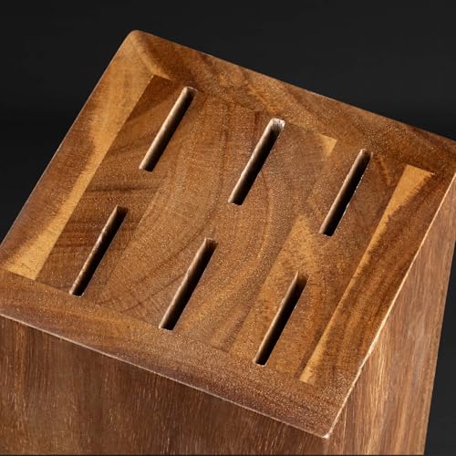 Rotating Magnetic Knife Block with Steak Knife Slots - Natural Acacia Wood, 360° Rotation