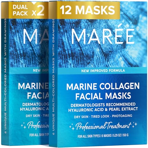 MAREE Collagen Facial Mask with Hyaluronic Acid ? Sheet Face Mask Skincare ? Centella Asiatica, Green & Red Algae Extract ? Hydrating Facemask For Women Skin Care ? Mascarillas Para La Cara ? 12 Count
