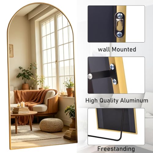 MyVoice 25x65 Inch Gold Arched Freestanding Full Length Mirror with Metal Frame - White Finish