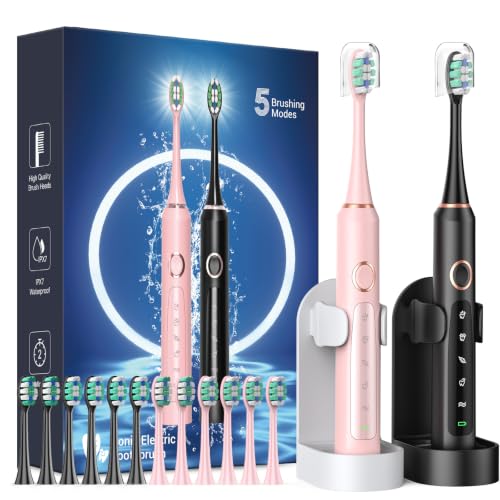 Electric Toothbrush Set with 12 Replacement Heads & Travel Case – Black+Pink