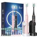 Electric Toothbrush Set with 12 Replacement Heads & Travel Case – Black+Pink