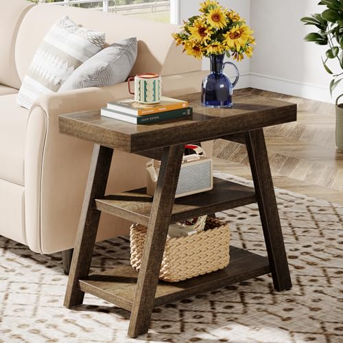 Tribesigns Farmhouse End Table with 3 Open Shelves - Distressed Brown