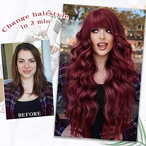 Long Wigs for Women - 24 Inch Wavy Wig with Bangs - Wine Red