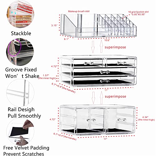 Acrylic 3-Pack Makeup Organizer with 6 Drawers and Top Tray – Stackable Vanity Desk Storage