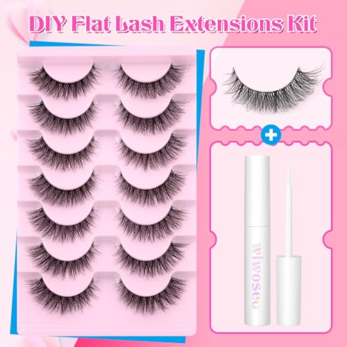 Wiwoseo Natural Wispy Fluffy Cat Eyes Mink Lashes With Glue Kit - Clear Band Russian Strip Eyelashes - Natural Look False Eyelash Extension - D Curly 7 Pairs Pack
